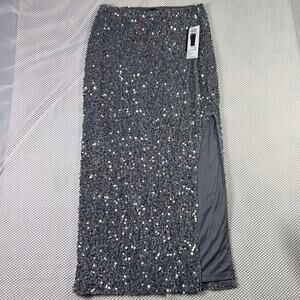NWT Madden NYC Sequin Mid Rise Side Slit Midi Skirt Gray Women's S Party Girl